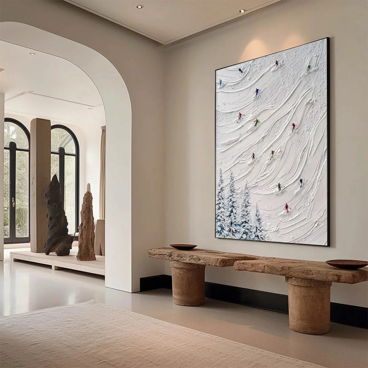 ALPINE RUSH: Textured Impasto Painting of Skiers on a Snowy Mountain | impasto mood, soft natural light studio shot