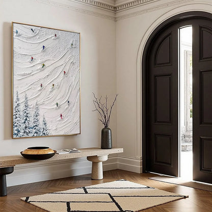 ALPINE RUSH: Textured Impasto Painting of Skiers on a Snowy Mountain | multi palette, original office art