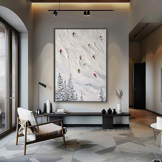 ALPINE RUSH: Textured Impasto Painting of Skiers on a Snowy Mountain