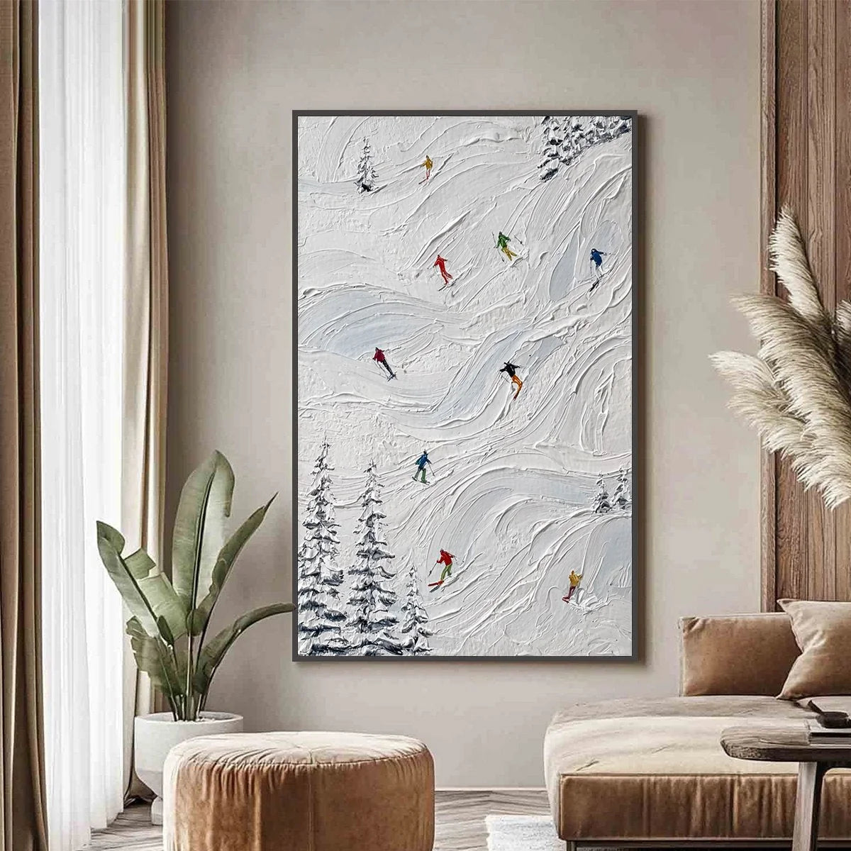 ALPINE RUSH: Textured Impasto Painting of Skiers on Snowy Slopes | impasto closeup, raised brushwork detail