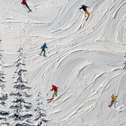 ALPINE RUSH: Textured Impasto Painting of Skiers on Snowy Slopes | rectangular format, hand-painted canvas edge