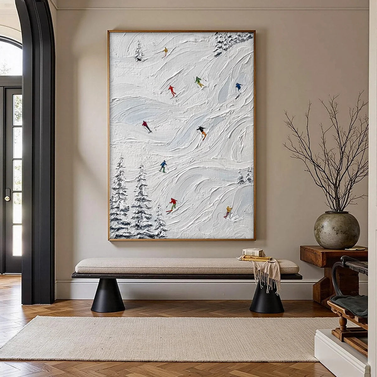 ALPINE RUSH: Textured Impasto Painting of Skiers on Snowy Slopes | gold frame stretched on neutral wall