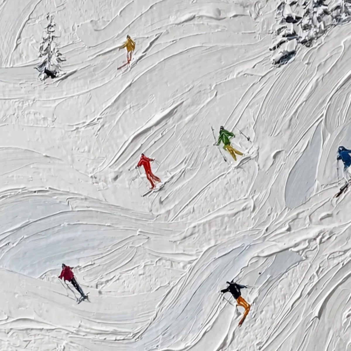 ALPINE RUSH: Textured Impasto Painting of Skiers on Snowy Slopes | rolled canvas, ready for custom framing