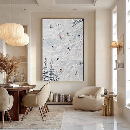 ALPINE RUSH: Textured Impasto Painting of Skiers on Snowy Slopes | black frame version on white wall