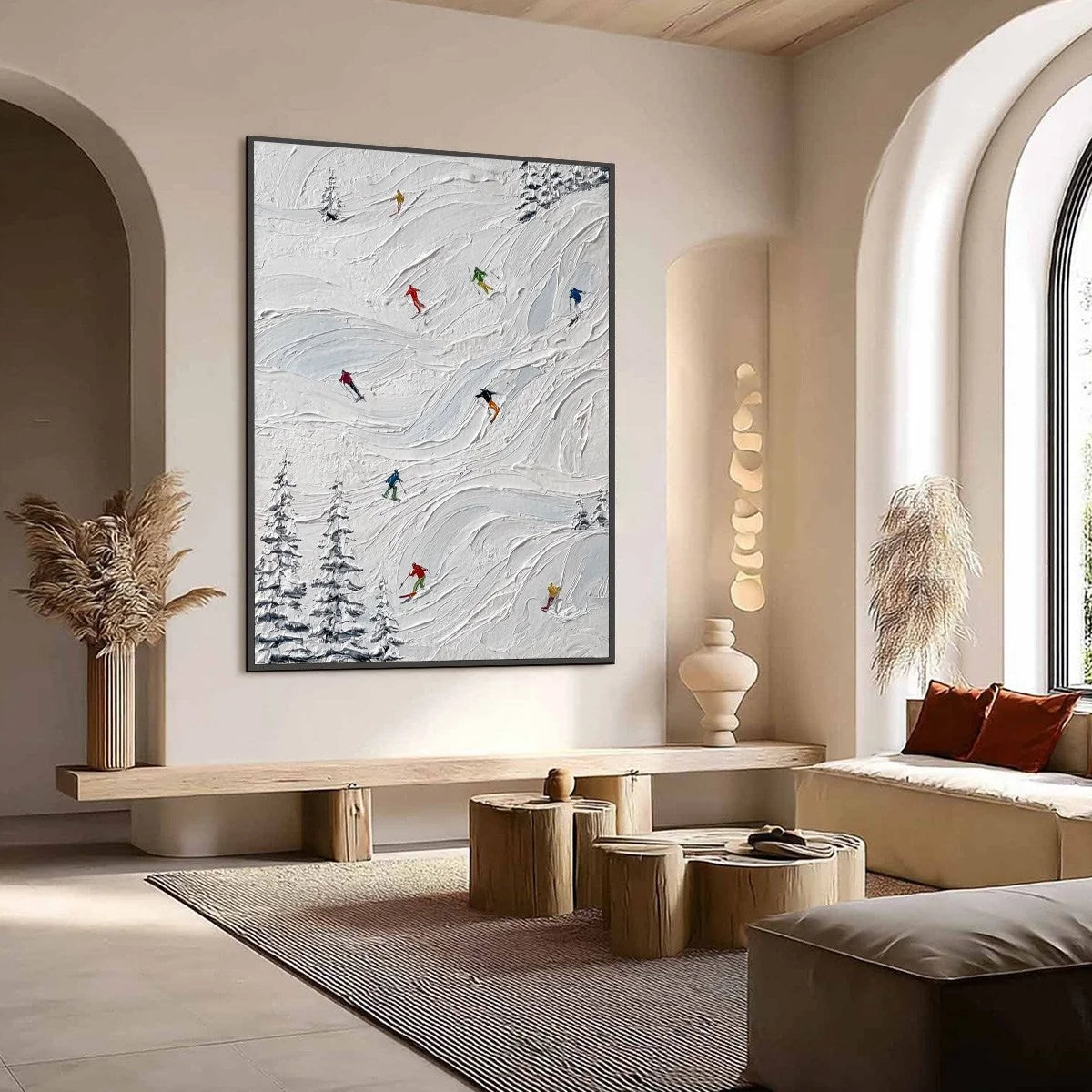 ALPINE RUSH: Textured Impasto Painting of Skiers on Snowy Slopes | impasto mood, soft natural light studio shot