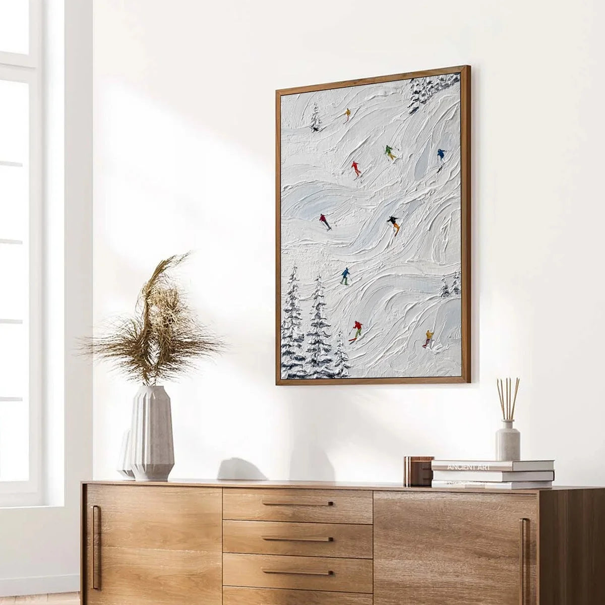 ALPINE RUSH: Textured Impasto Painting of Skiers on Snowy Slopes | multi palette, original office art