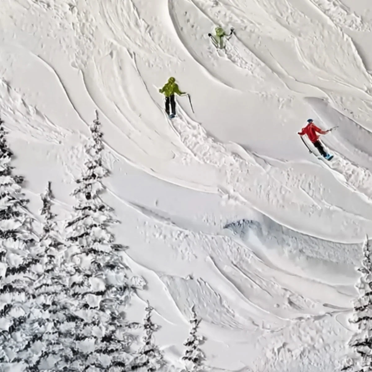 ALPINE RUSH: Textured Impasto Painting of Skiers on a Snowy Mountain | rectangular format, hand-painted canvas edge
