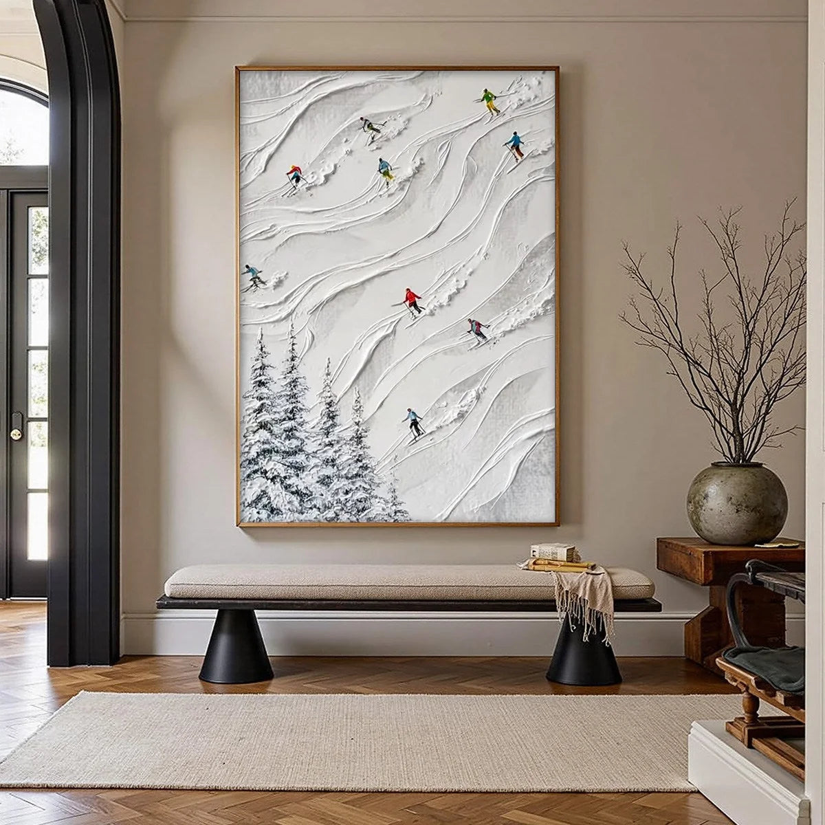 ALPINE RUSH: Textured Impasto Painting of Skiers on a Snowy Mountain | impasto closeup, raised brushwork detail
