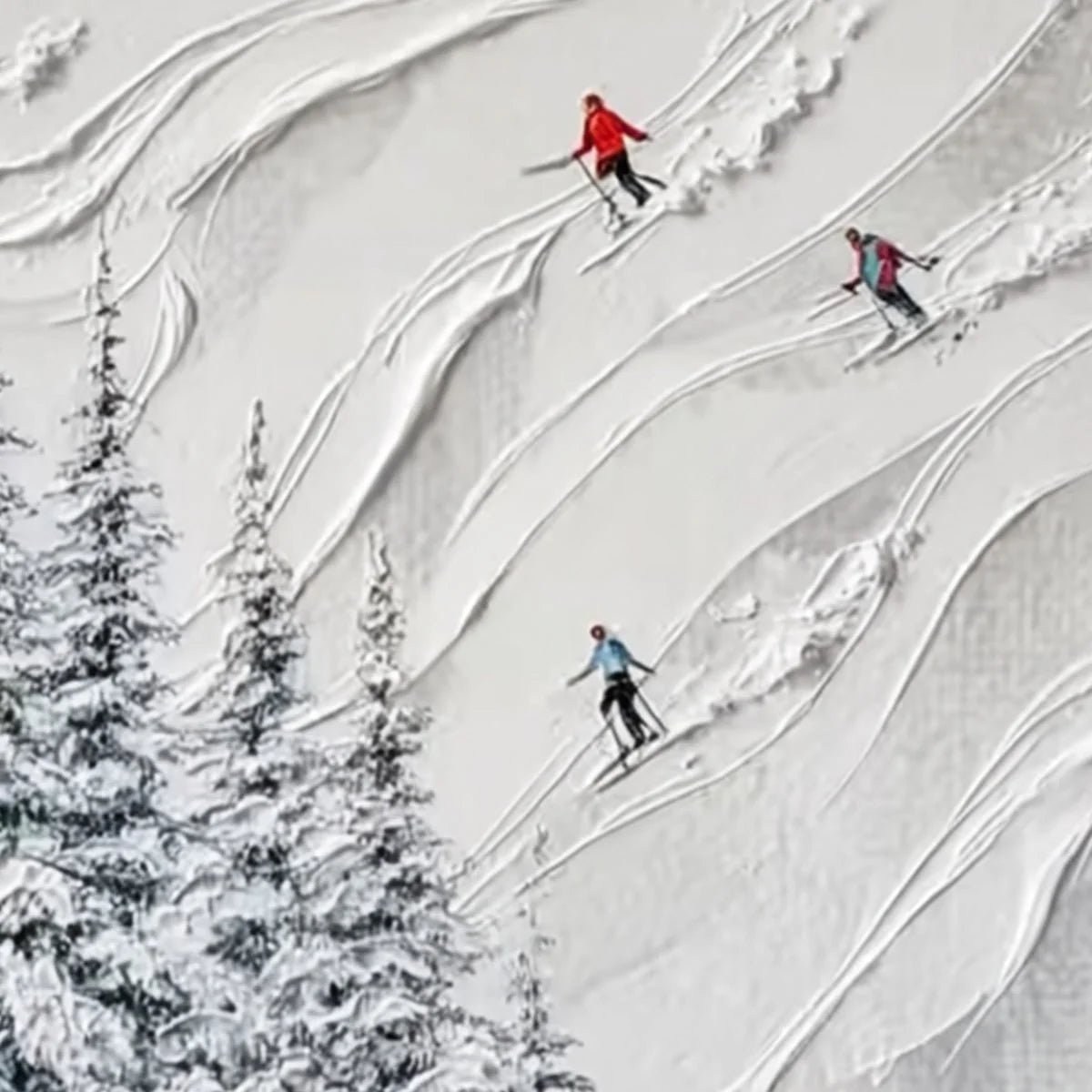 ALPINE RUSH: Textured Impasto Painting of Skiers on a Snowy Mountain | rectangular format, hand-painted canvas edge