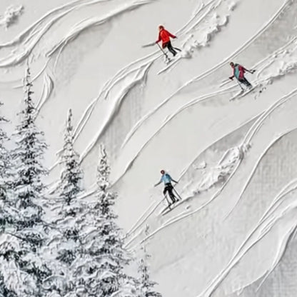 ALPINE RUSH: Textured Impasto Painting of Skiers on a Snowy Mountain | rectangular format, hand-painted canvas edge