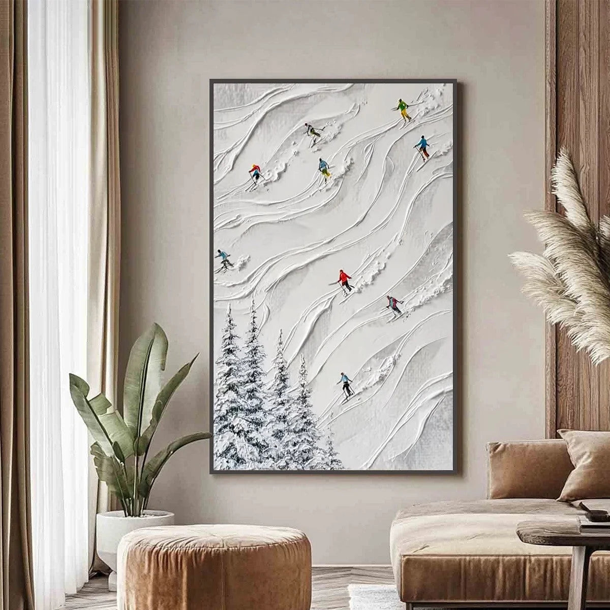 ALPINE RUSH: Textured Impasto Painting of Skiers on a Snowy Mountain | gold frame stretched on neutral wall