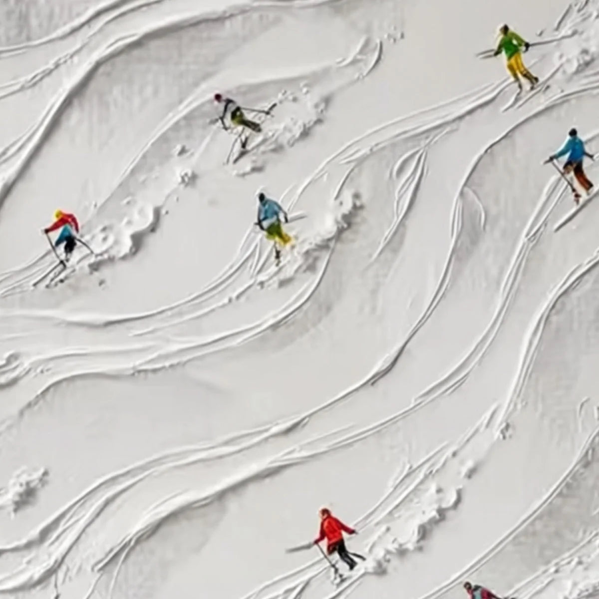 ALPINE RUSH: Textured Impasto Painting of Skiers on a Snowy Mountain | rolled canvas, ready for custom framing