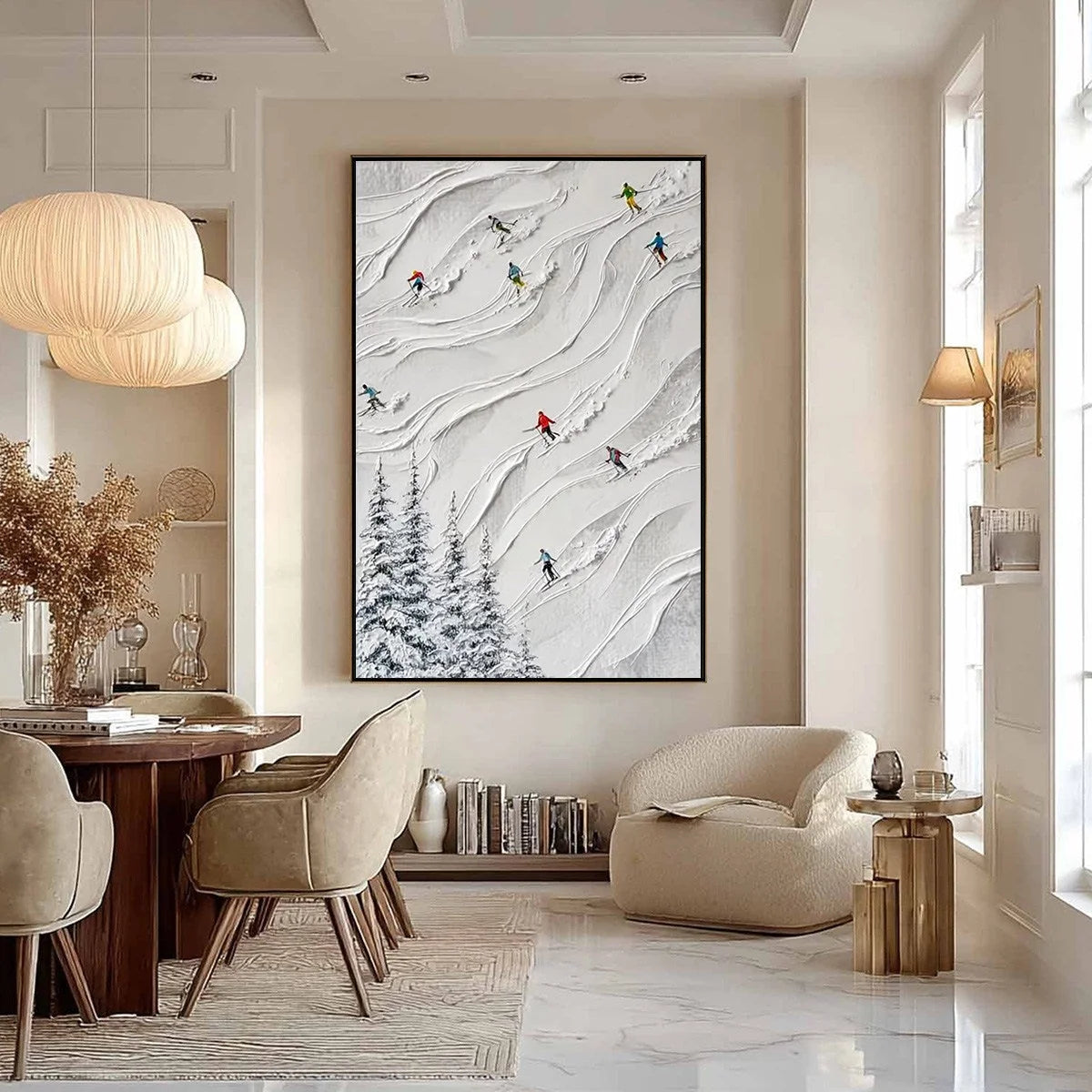 ALPINE RUSH: Textured Impasto Painting of Skiers on a Snowy Mountain | black frame version on white wall