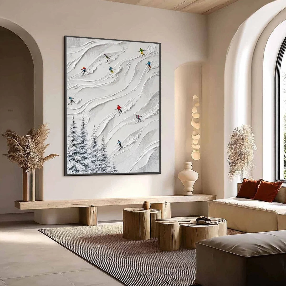ALPINE RUSH: Textured Impasto Painting of Skiers on a Snowy Mountain | impasto mood, soft natural light studio shot