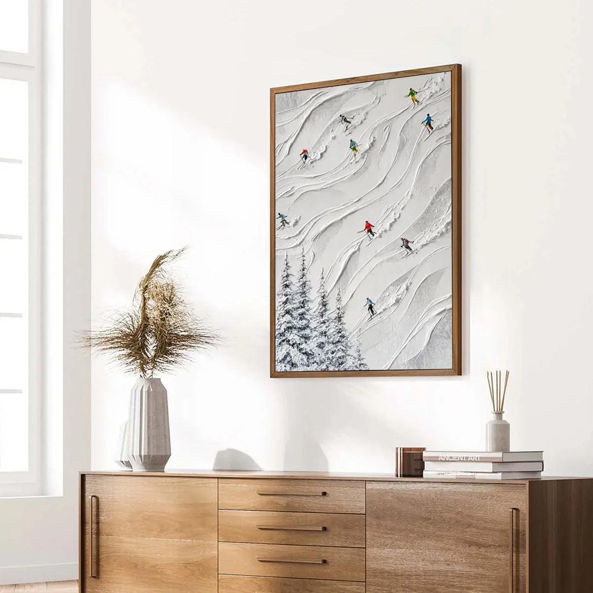 ALPINE RUSH: Textured Impasto Painting of Skiers on a Snowy Mountain | multi palette, original office art