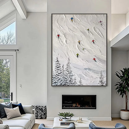 ALPINE RUSH: Textured Impasto Painting of Skiers on a Snowy Mountain | gold frame stretched on neutral wall