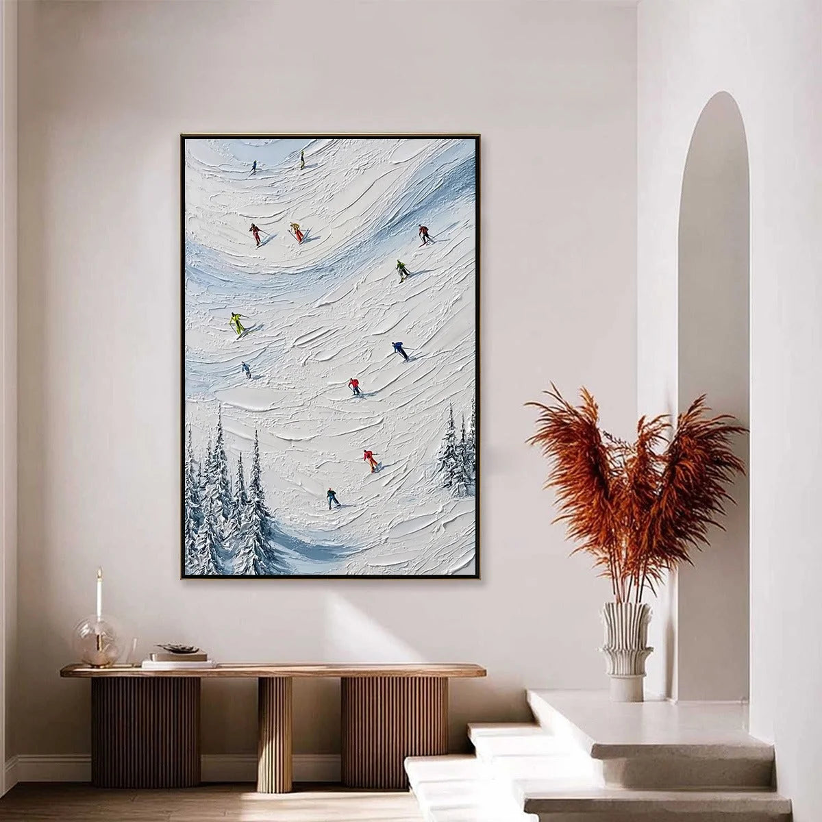 ALPINE RUSH: Textured Impasto Painting of Skiers on a Snowy Mountain | impasto closeup, raised brushwork detail