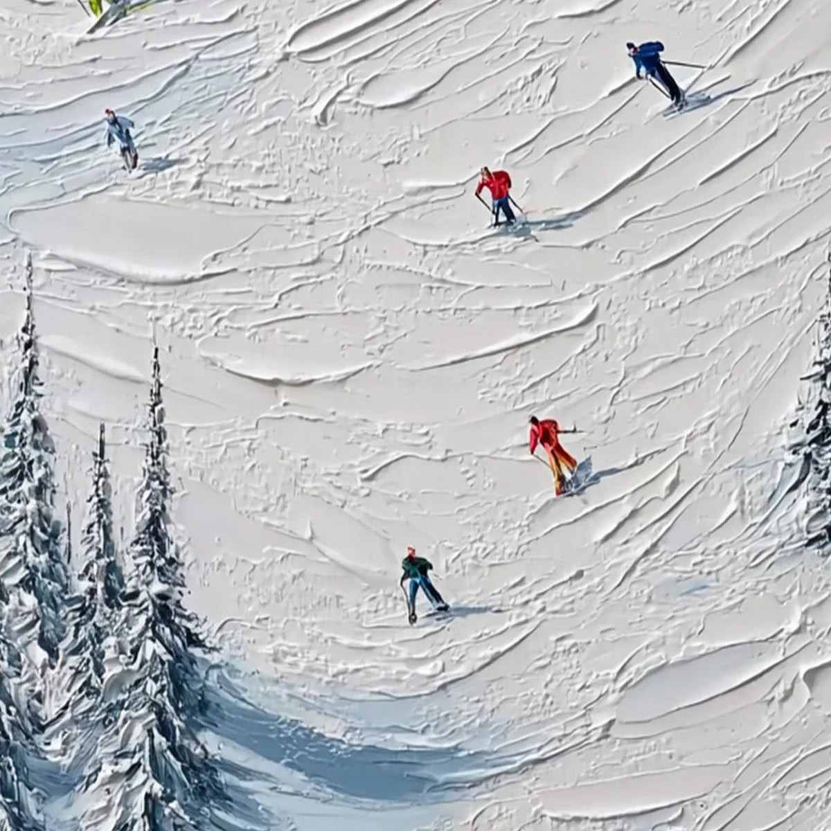 ALPINE RUSH: Textured Impasto Painting of Skiers on a Snowy Mountain | rectangular format, hand-painted canvas edge