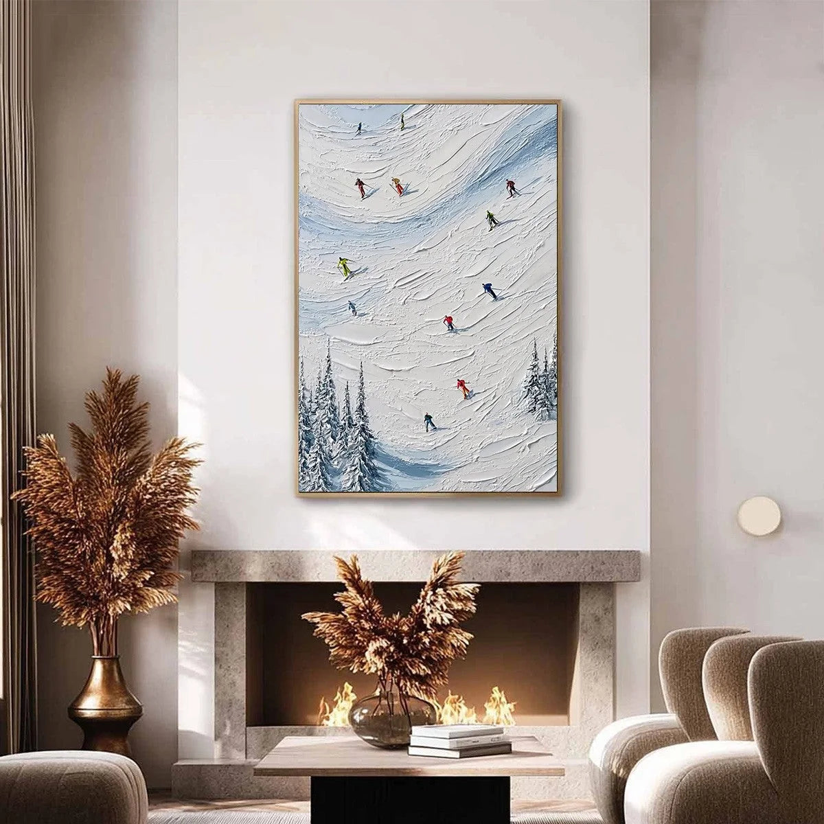ALPINE RUSH: Textured Impasto Painting of Skiers on a Snowy Mountain | gold frame stretched on neutral wall
