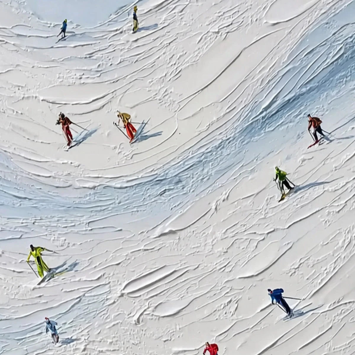 ALPINE RUSH: Textured Impasto Painting of Skiers on a Snowy Mountain | rolled canvas, ready for custom framing