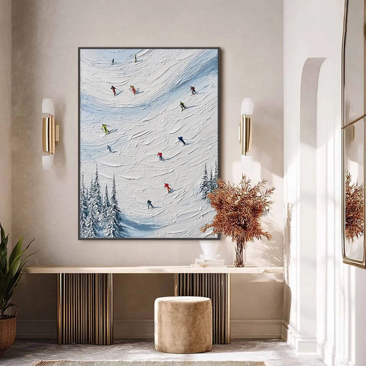 ALPINE RUSH: Textured Impasto Painting of Skiers on a Snowy Mountain | black frame version on white wall