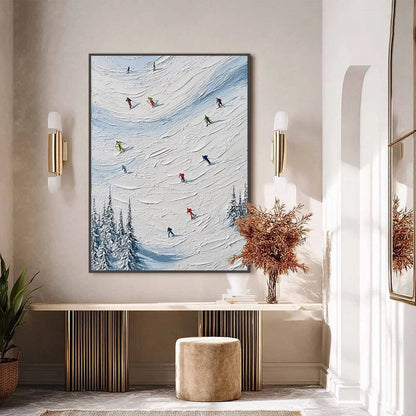 ALPINE RUSH: Textured Impasto Painting of Skiers on a Snowy Mountain | black frame version on white wall