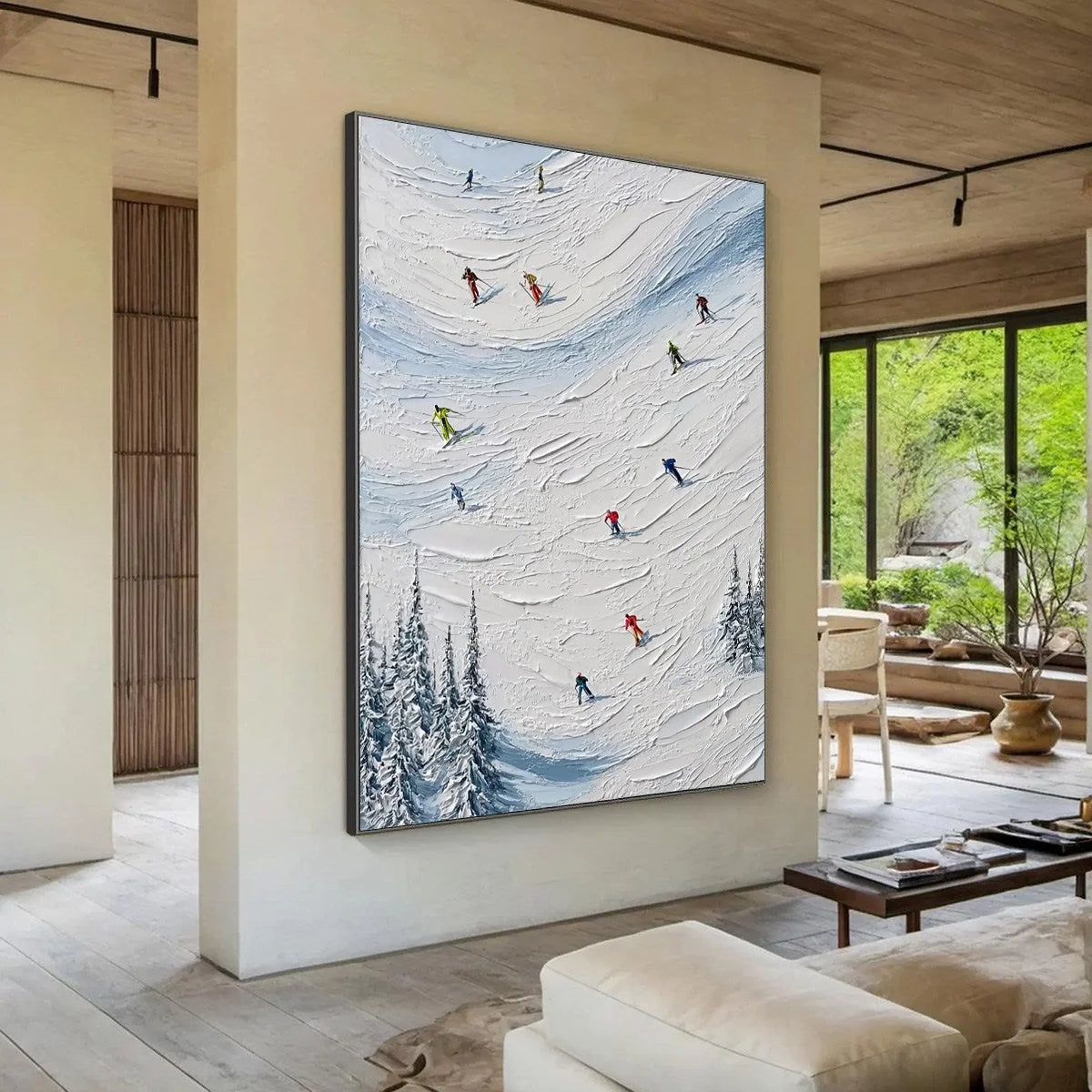 ALPINE RUSH: Textured Impasto Painting of Skiers on a Snowy Mountain | impasto mood, soft natural light studio shot