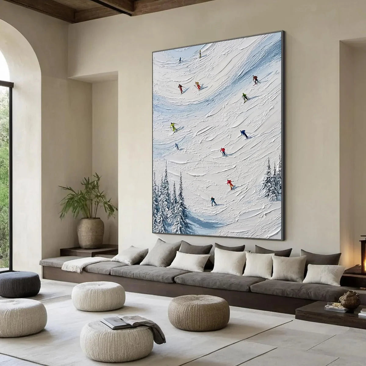 ALPINE RUSH: Textured Impasto Painting of Skiers on a Snowy Mountain | multi palette, original office art