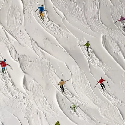 ALPINE RUSH: Textured Impasto Painting of Skiers on a Snowy Mountain | rolled canvas, ready for custom framing