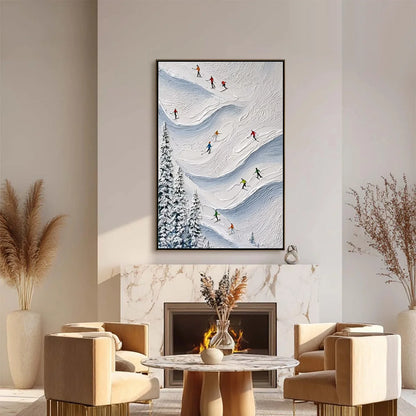 ALPINE RUSH: Textured Impasto Painting of Skiers on a Snowy Mountain | impasto closeup, raised brushwork detail