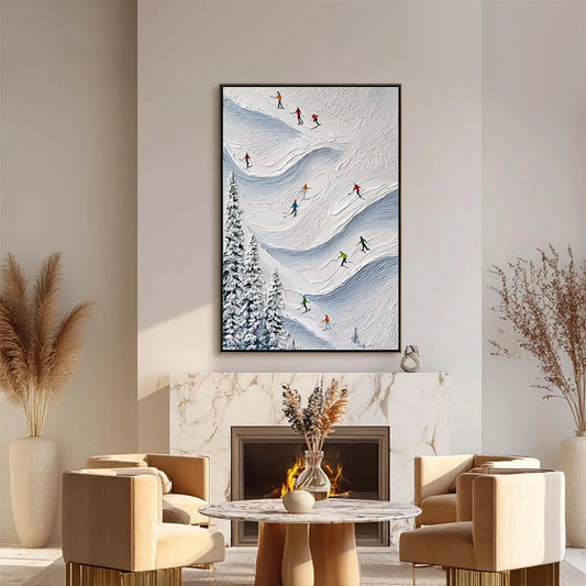 ALPINE RUSH: Textured Impasto Painting of Skiers on a Snowy Mountain