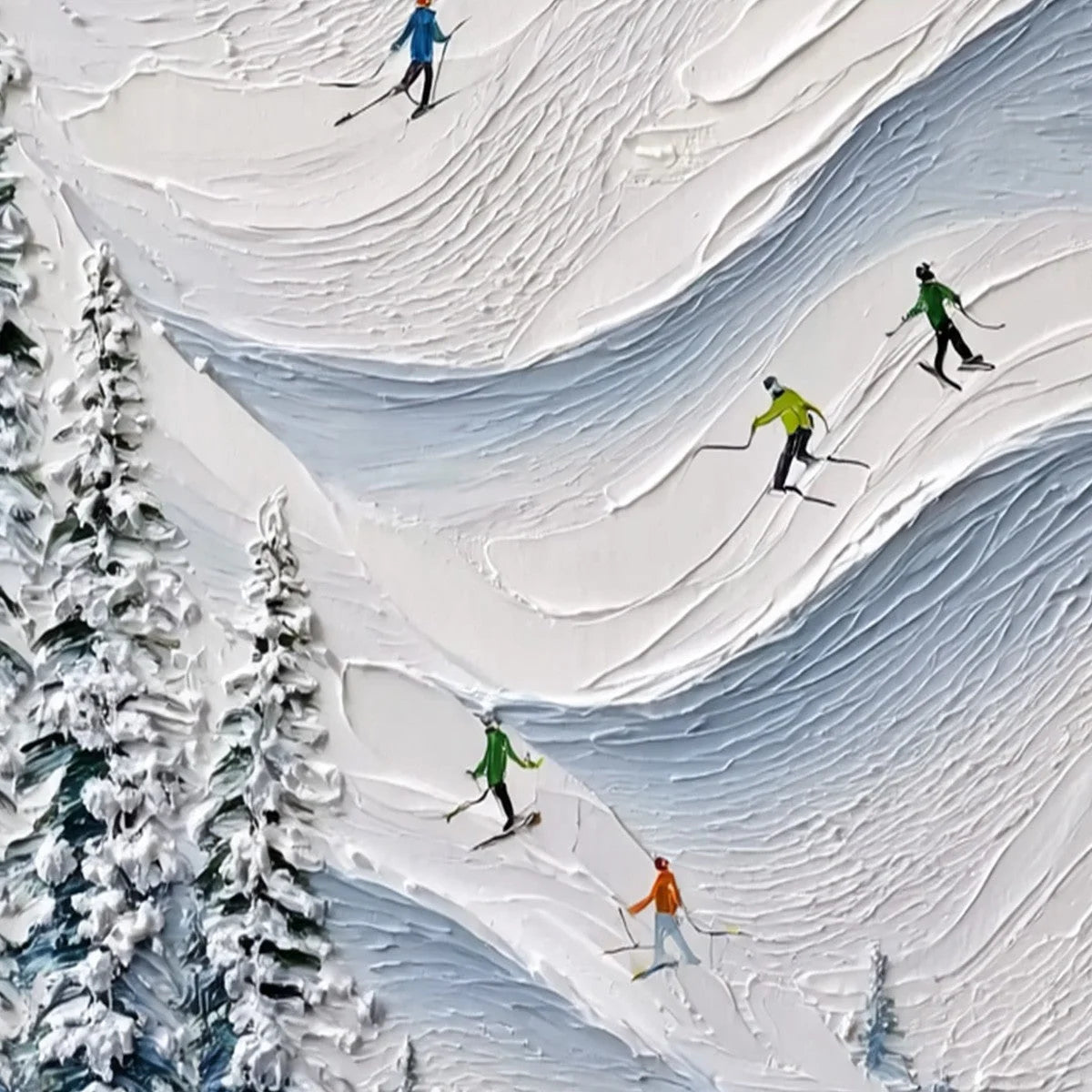 ALPINE RUSH: Textured Impasto Painting of Skiers on a Snowy Mountain | rectangular format, hand-painted canvas edge