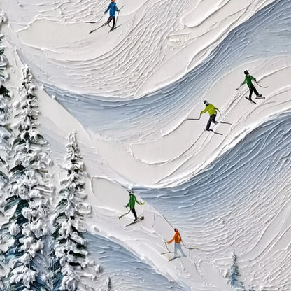 ALPINE RUSH: Textured Impasto Painting of Skiers on a Snowy Mountain | rectangular format, hand-painted canvas edge