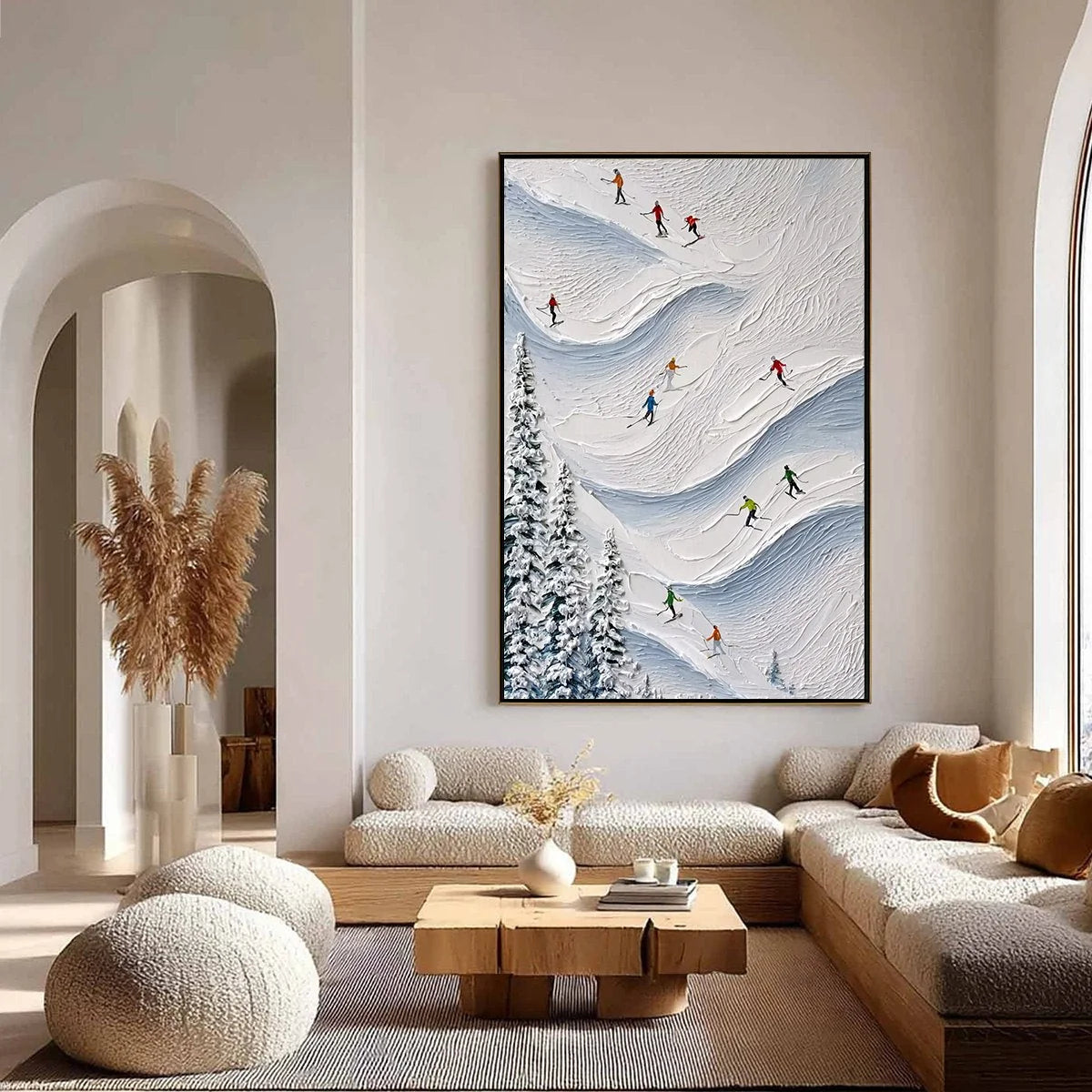 ALPINE RUSH: Textured Impasto Painting of Skiers on a Snowy Mountain | gold frame stretched on neutral wall