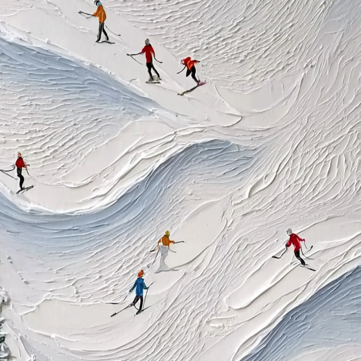 ALPINE RUSH: Textured Impasto Painting of Skiers on a Snowy Mountain | rolled canvas, ready for custom framing