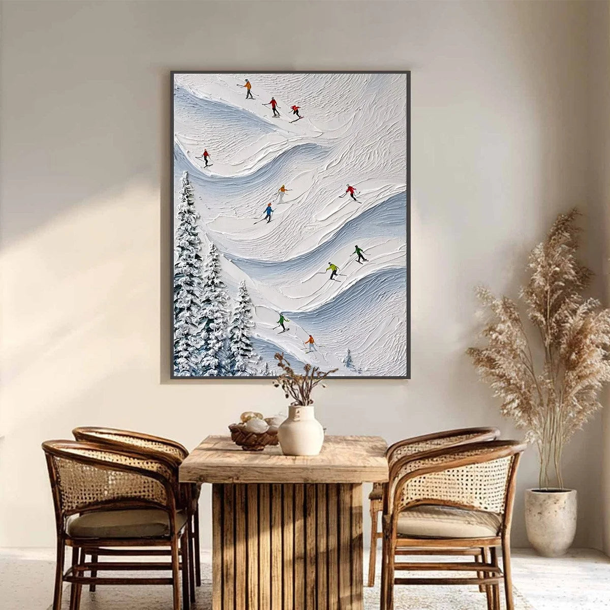ALPINE RUSH: Textured Impasto Painting of Skiers on a Snowy Mountain | black frame version on white wall