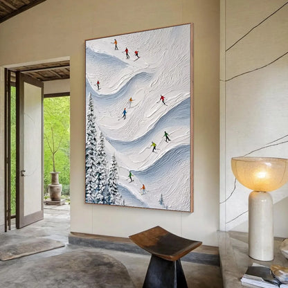 ALPINE RUSH: Textured Impasto Painting of Skiers on a Snowy Mountain | impasto mood, soft natural light studio shot