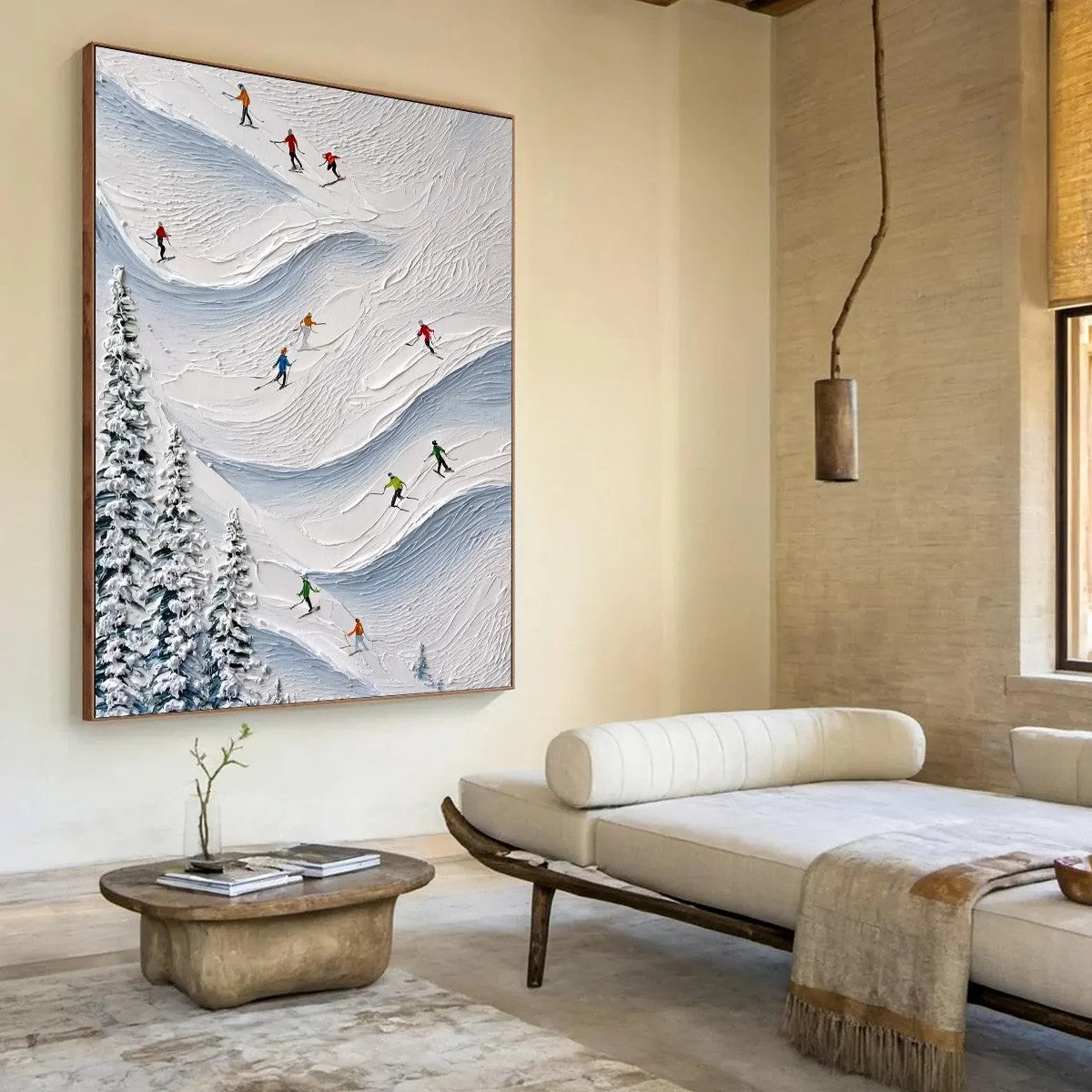 ALPINE RUSH: Textured Impasto Painting of Skiers on a Snowy Mountain | multi palette, original office art