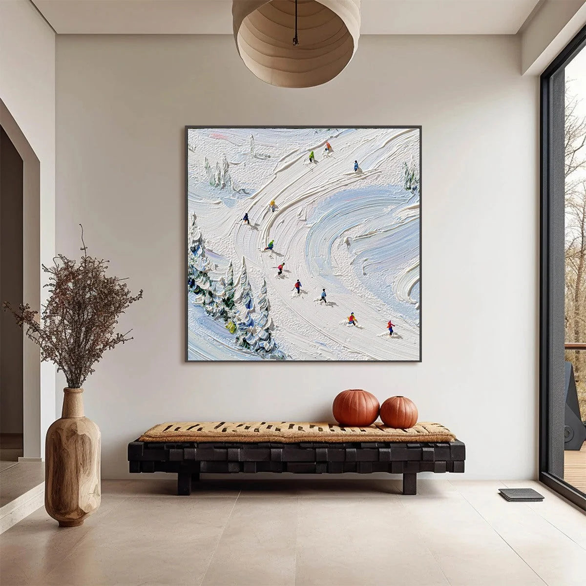 ALPINE RUSH: Textured Impasto Painting of Skiers on a Snowy Mountain | impasto closeup, raised brushwork detail