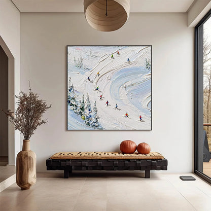 ALPINE RUSH: Textured Impasto Painting of Skiers on a Snowy Mountain | impasto closeup, raised brushwork detail