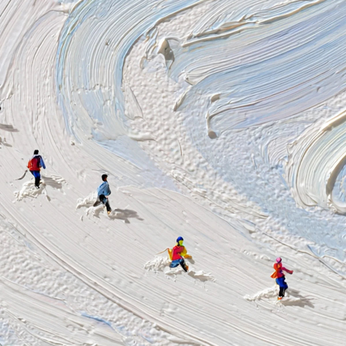 ALPINE RUSH: Textured Impasto Painting of Skiers on a Snowy Mountain | rectangular format, hand-painted canvas edge