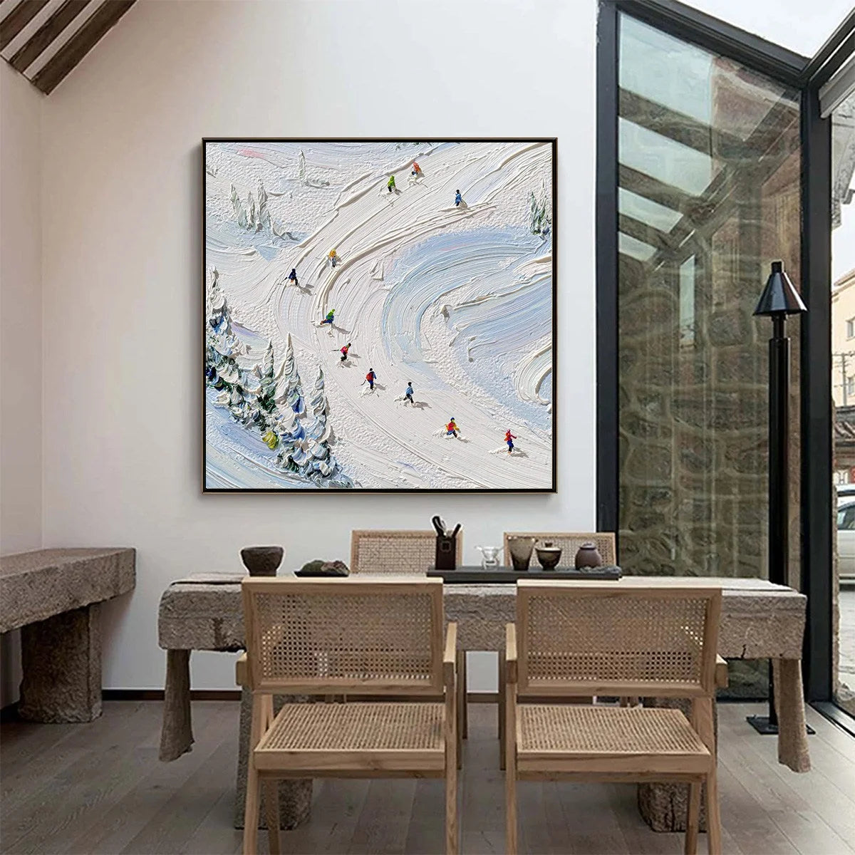 ALPINE RUSH: Textured Impasto Painting of Skiers on a Snowy Mountain | gold frame stretched on neutral wall