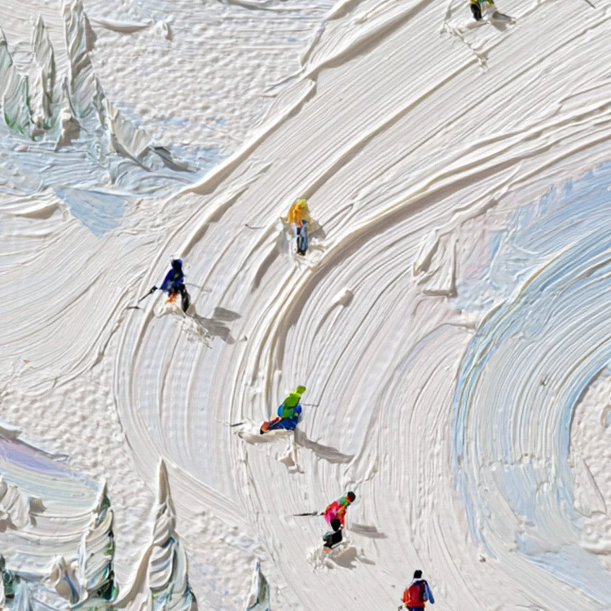 ALPINE RUSH: Textured Impasto Painting of Skiers on a Snowy Mountain | rolled canvas, ready for custom framing