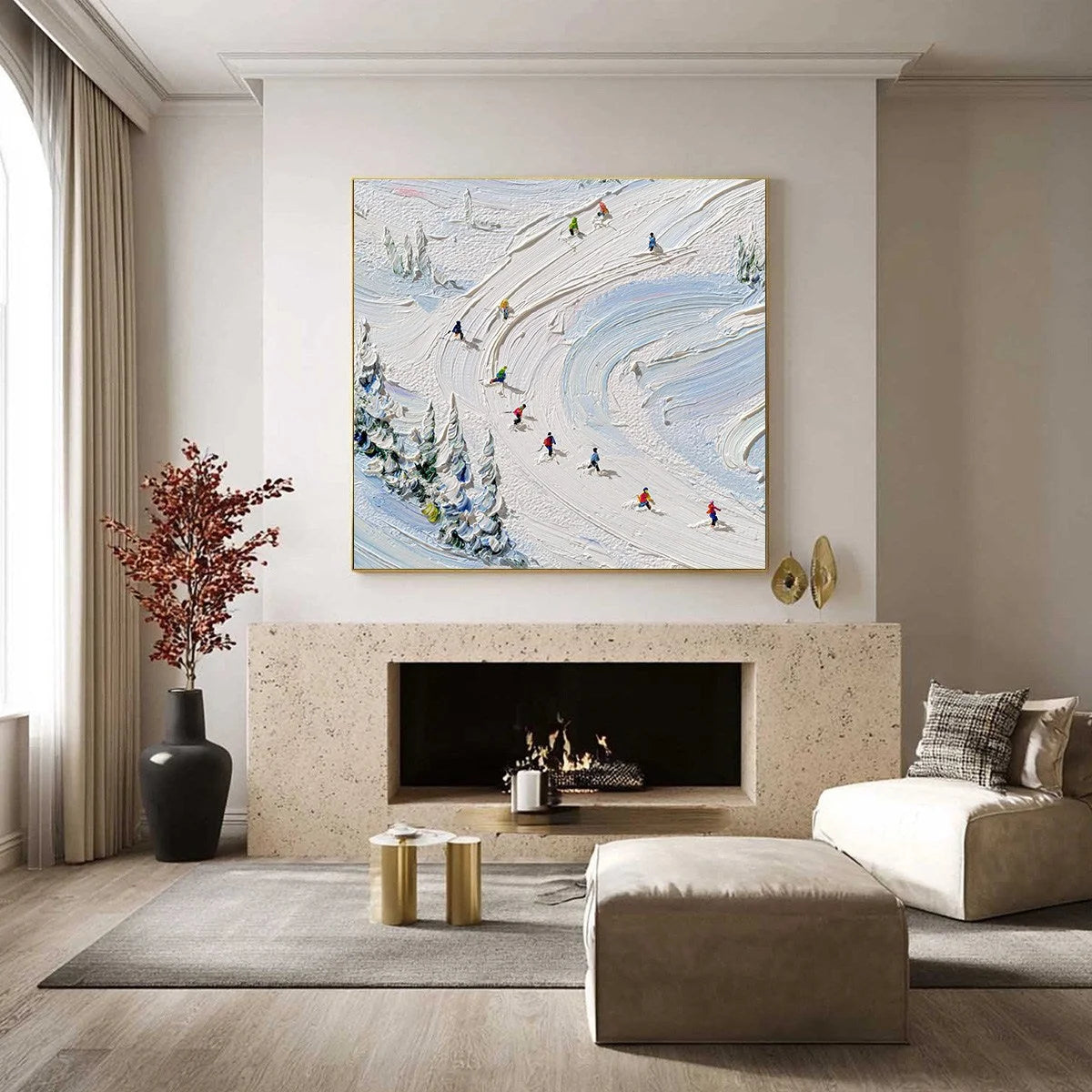 ALPINE RUSH: Textured Impasto Painting of Skiers on a Snowy Mountain | black frame version on white wall