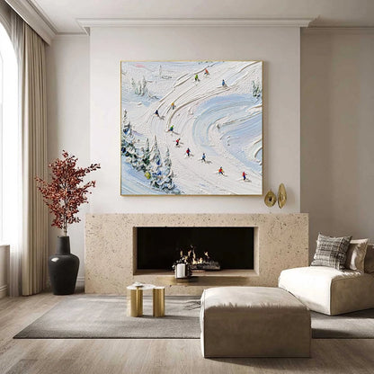 ALPINE RUSH: Textured Impasto Painting of Skiers on a Snowy Mountain | black frame version on white wall