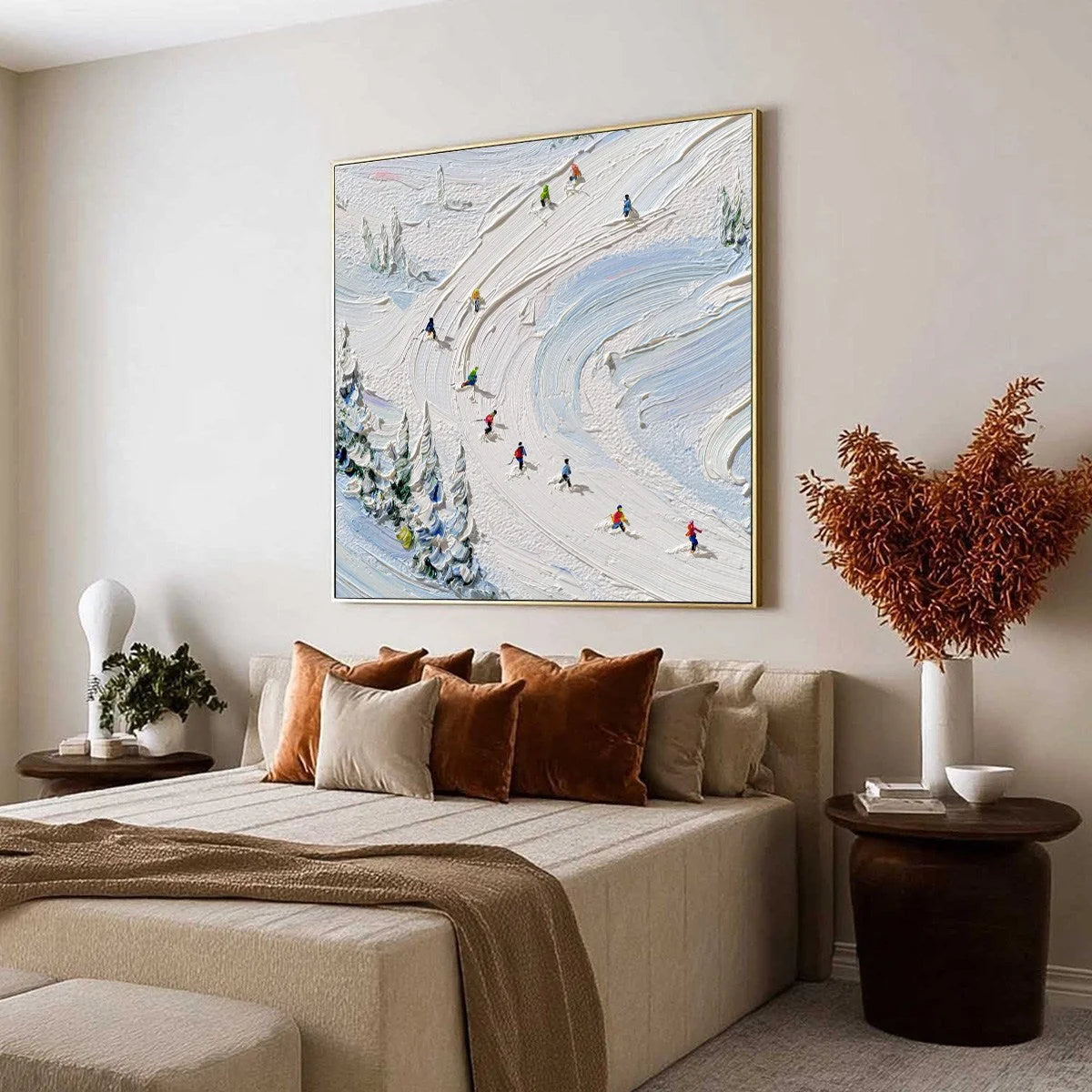 ALPINE RUSH: Textured Impasto Painting of Skiers on a Snowy Mountain | impasto mood, soft natural light studio shot