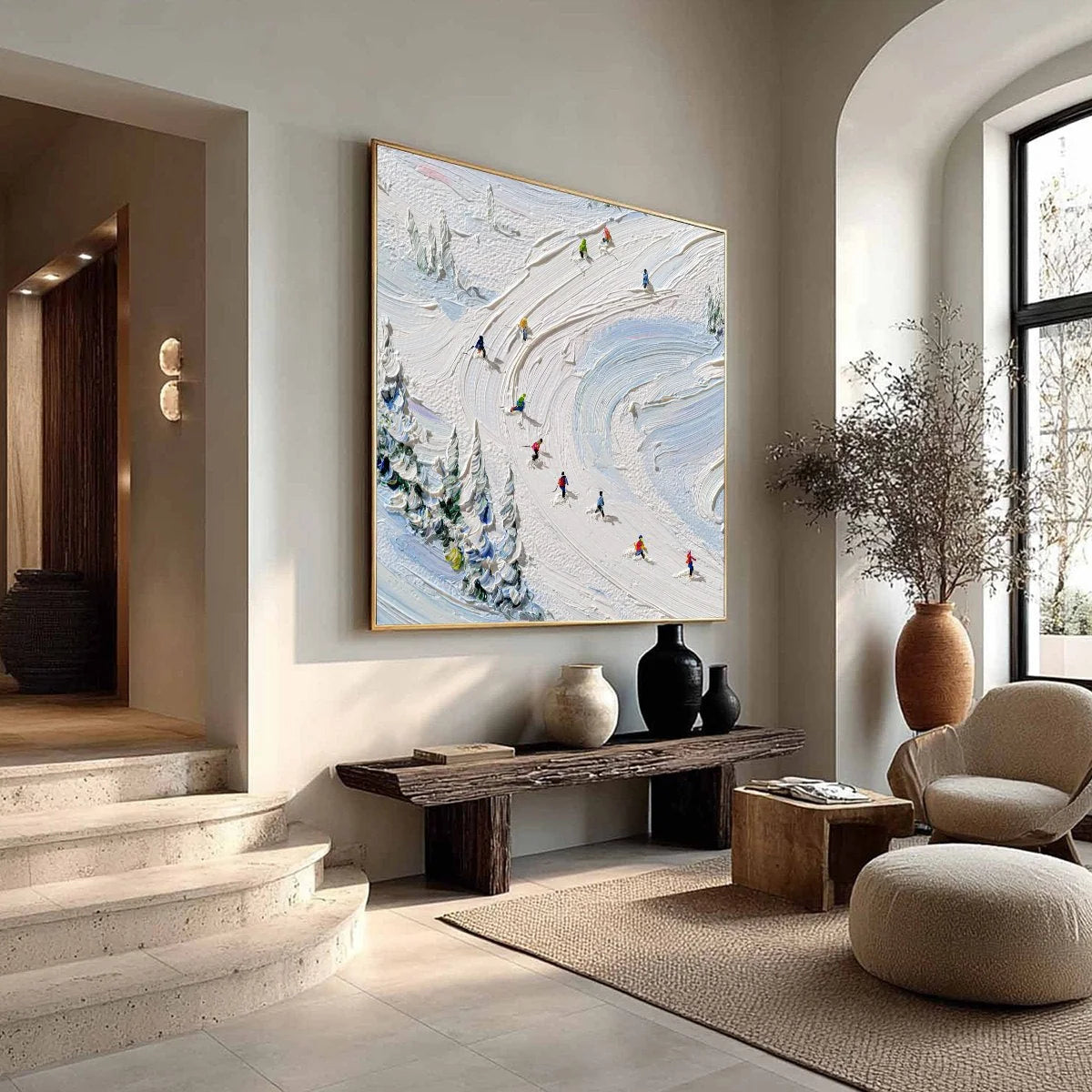 ALPINE RUSH: Textured Impasto Painting of Skiers on a Snowy Mountain | multi palette, original office art