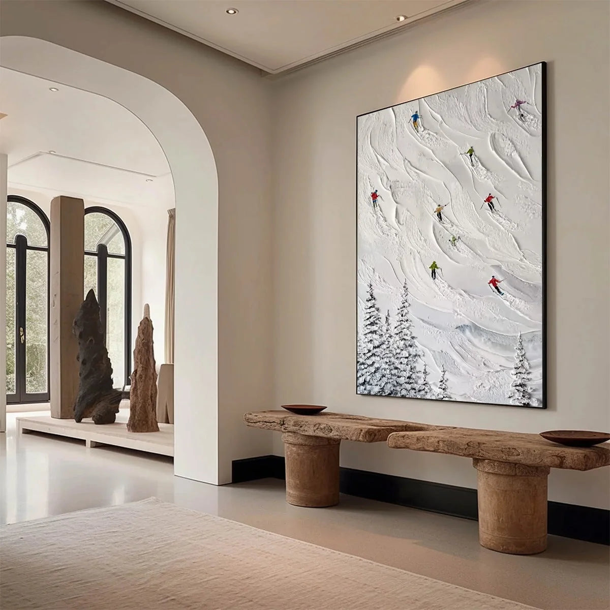 ALPINE RUSH: Textured Impasto Painting of Skiers on a Snowy Mountain | impasto mood, soft natural light studio shot