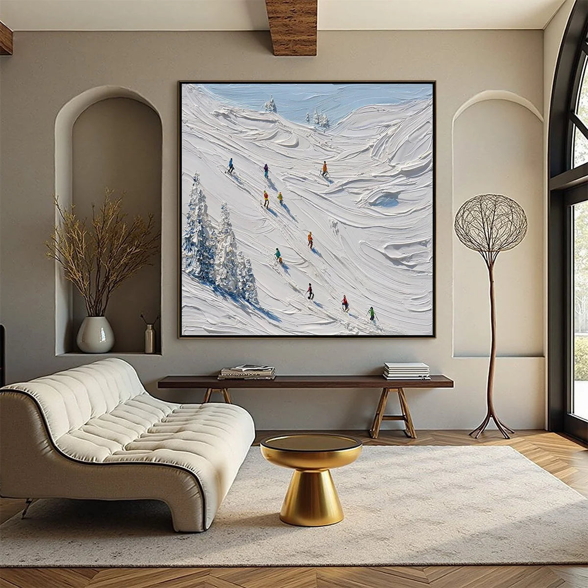 ALPINE RUSH: Textured Impasto Painting of Skiers on a Snowy Mountain | impasto closeup, raised brushwork detail