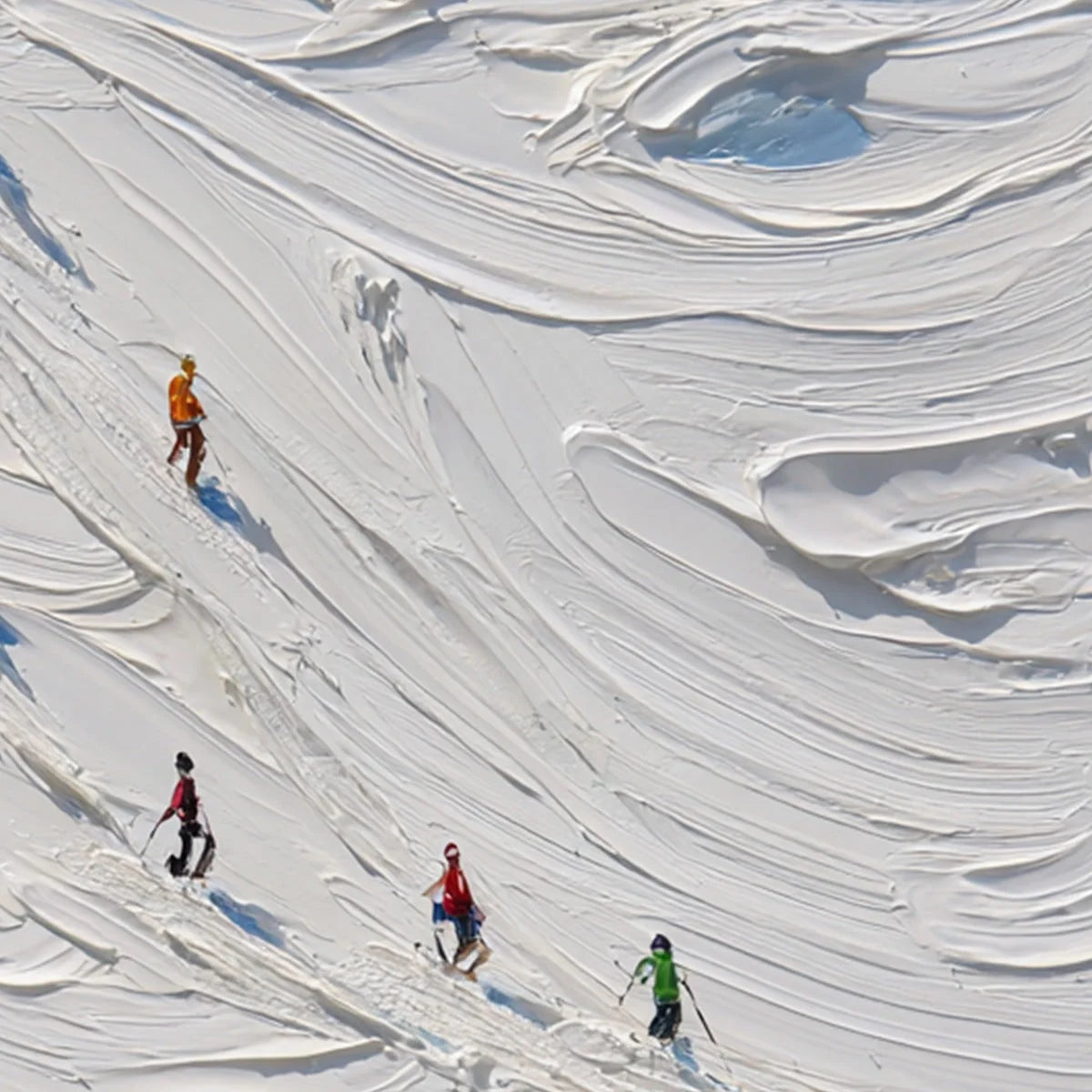 ALPINE RUSH: Textured Impasto Painting of Skiers on a Snowy Mountain | rectangular format, hand-painted canvas edge